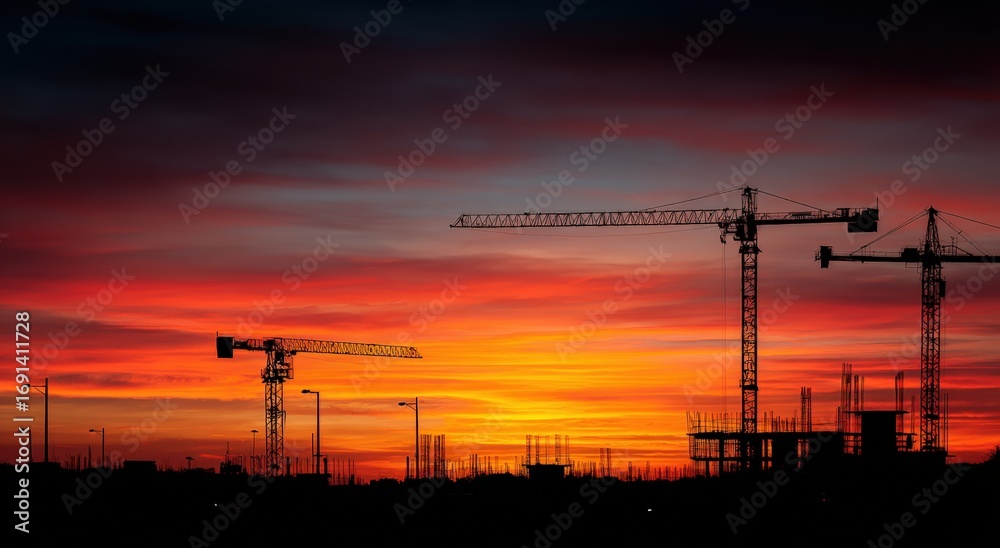Fototapeta premium Silhouette of construction site at sunset