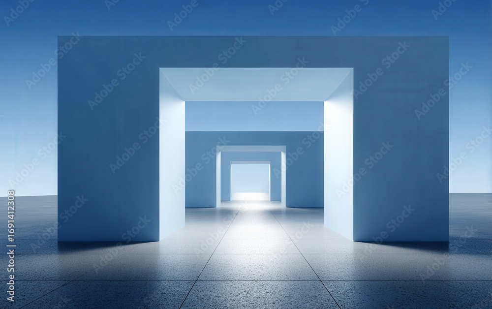 Fototapeta premium A series of blue rectangular portals creating a sense of depth and perspective