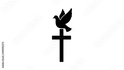 Black Silhouette of a Dove Perched on a Christian Cross.