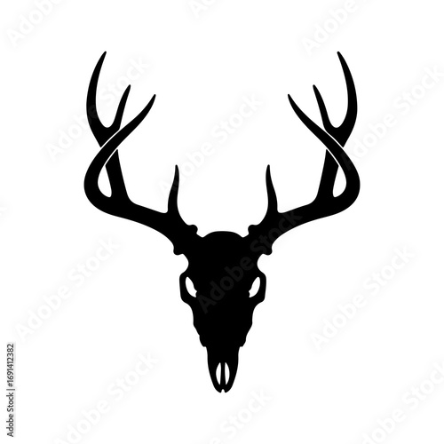 Black silhouette of a deer skull with large antlers.