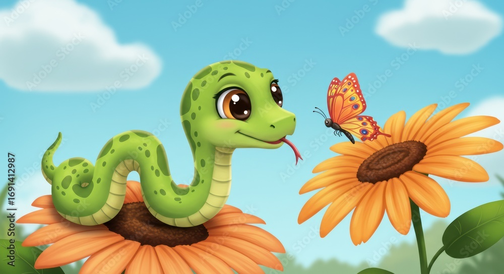 Fototapeta premium Cute baby snake peeking out from a flower with a butterfly landing on it
