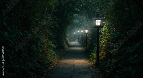 Enchanting illuminated path through a verdant forest with vintage lamps