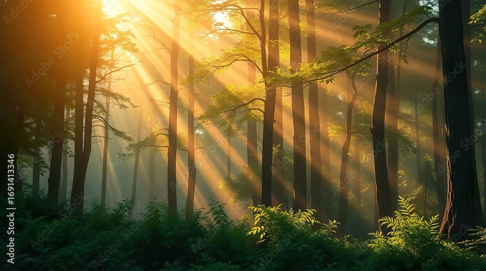 Naklejka premium sunlight filtering through a dense forest