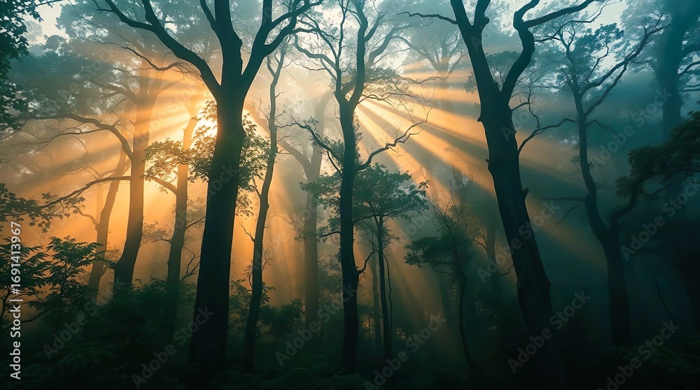 Obraz premium sunlight filtering through a dense forest