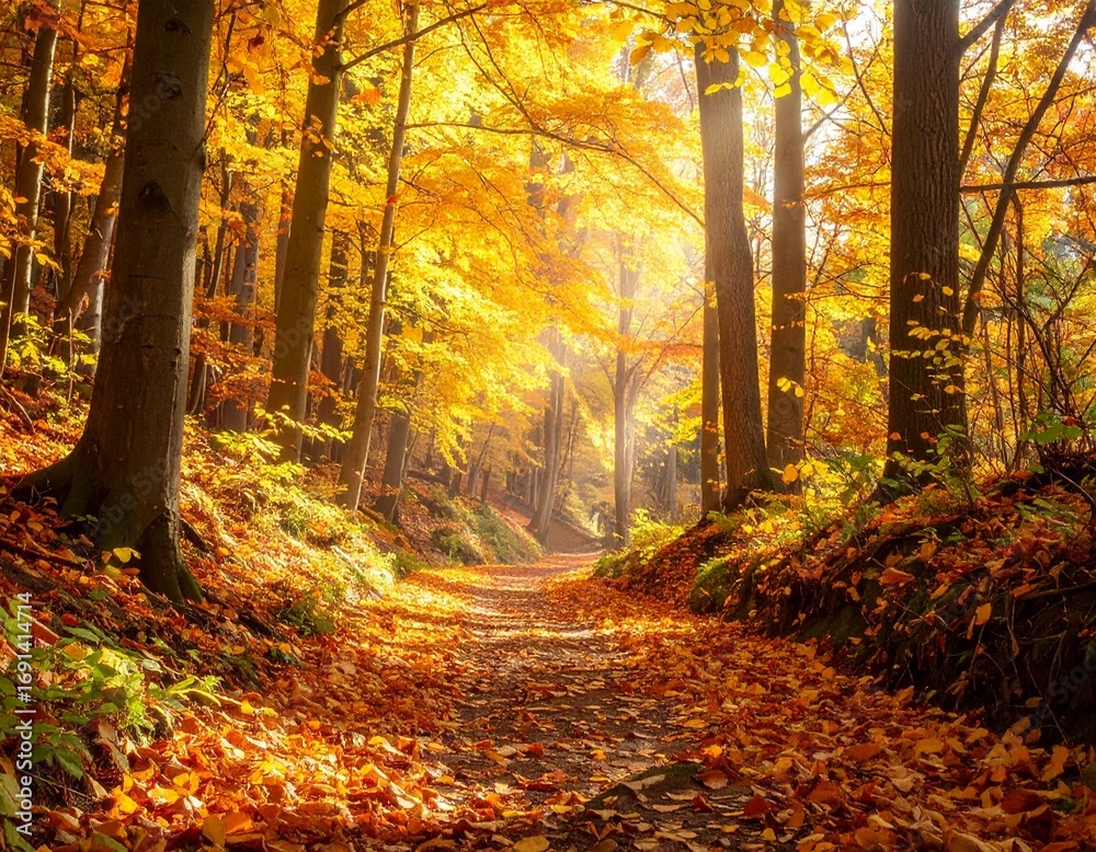 Obraz premium Autumn forest trail covered in golden leaves, soft natural light, atmospheric seasonal travel background.