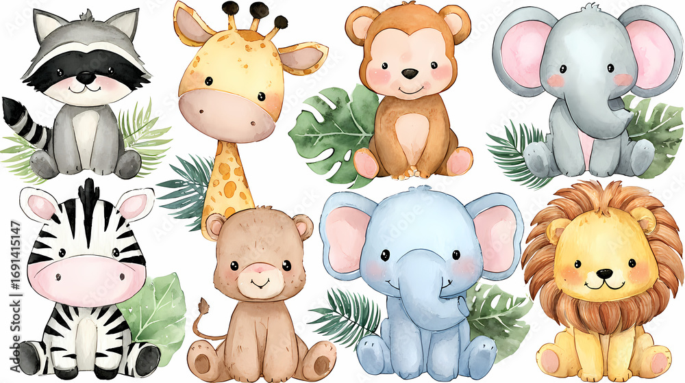 Obraz premium Adorable watercolor jungle animals including a raccoon, giraffe, monkey, and elephant