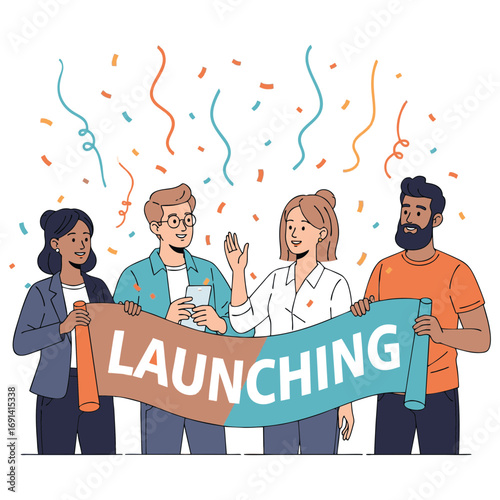 Illustration of a business team launching a startup with banners and explosive notes. Plain white background.