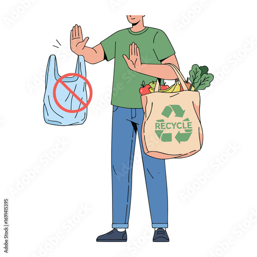 
 vector illustration of a person holding reusable bags and avoiding plastic.  Plain white background.
