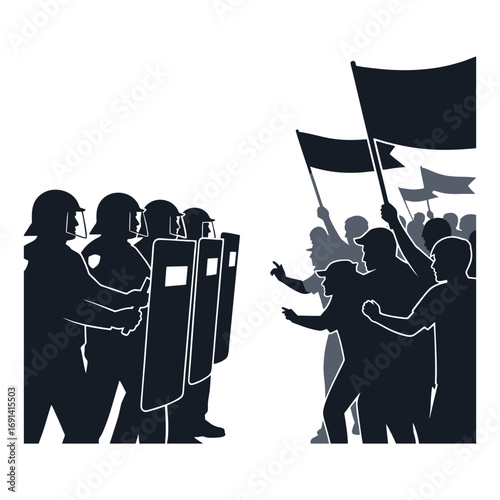 vector illustration of silhouettes of demonstrators facing off against riot police.isolated on white background.