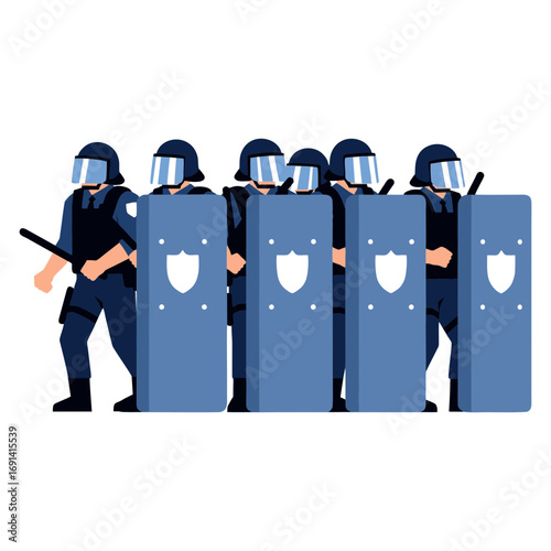 Vector illustration of a riot police officer complete with protective shield. Isolated on a white background.