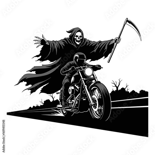 Vector illustration of a silhouette of a motorcyclist and the Grim Reaper hovering above him. Plain white background.