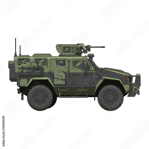  vector illustration of a military tactical vehicle,  rugged armored design, plain white background.