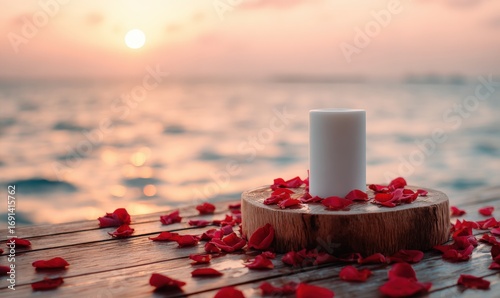 Romantic candle on a wooden platform by the ocean at sunset