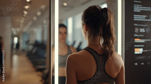 Woman in gym attire examining herself in a mirror with digital display