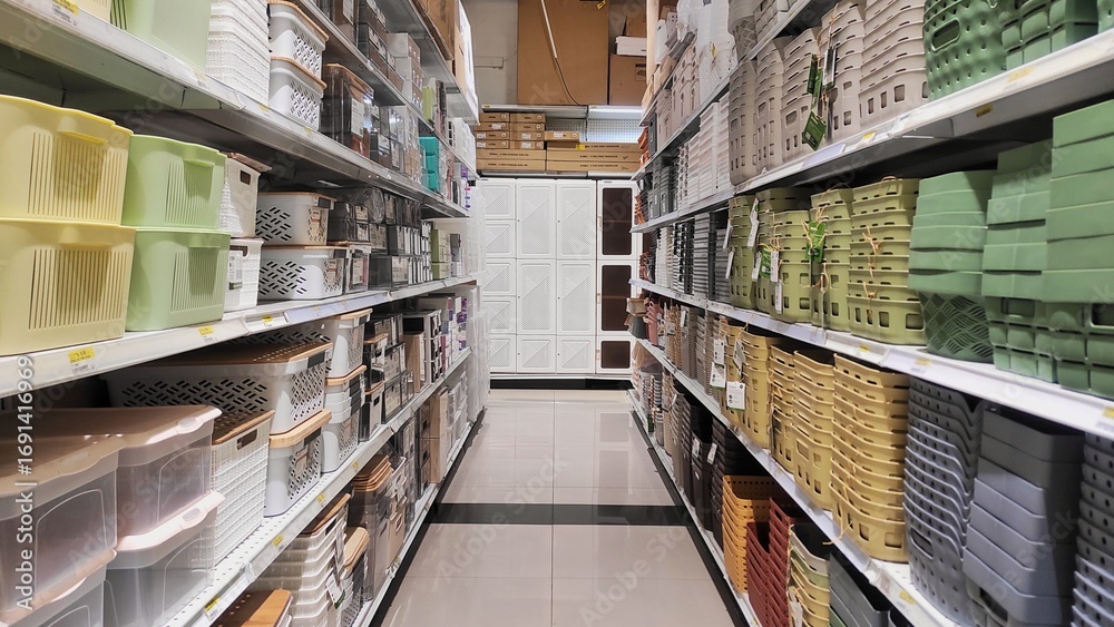 Fototapeta premium Stationery aisle in a store with neatly arranged stacks of notebooks, paper folders, envelopes, and office supplies, showcasing organization and variety of school and office essentials.