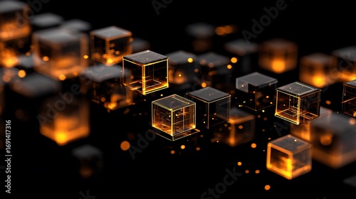 Glowing cubes in dark space with bokeh, transparent and refractive