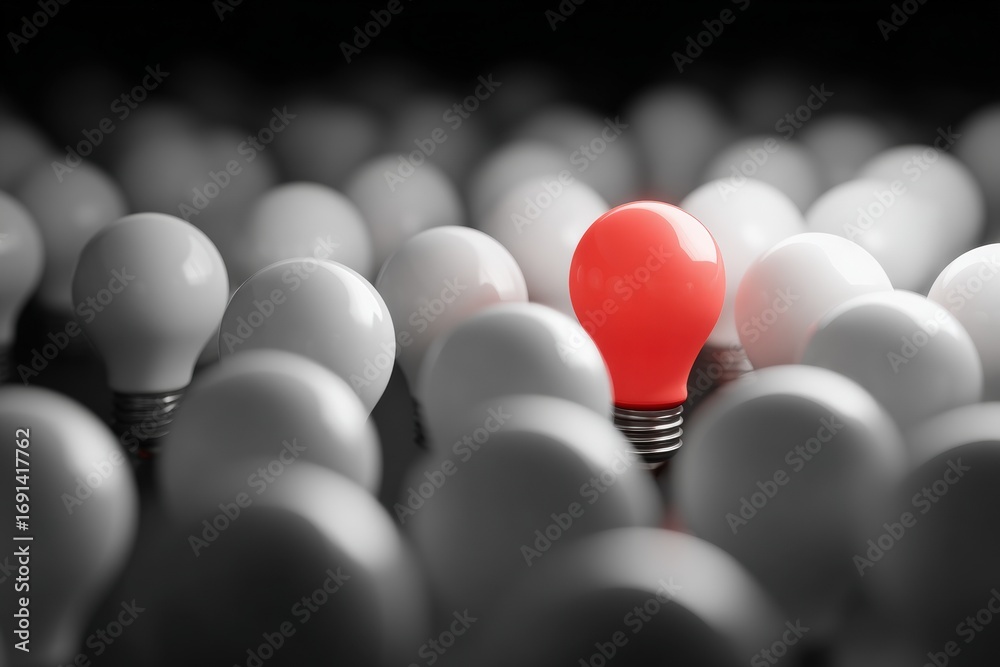 Naklejka premium A single red lightbulb amongst many white ones