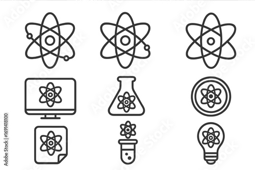 Atom science icon set. Thin line icons for physics, chemistry, nuclear energy research. Quantum particle, molecule pictogram. Technology, education, experiment, idea symbols.