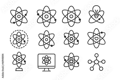 Atom icon set science technology editable stroke. Physics, chemistry, nuclear energy line icons. Quantum computer, innovation idea, molecule research vector symbols.