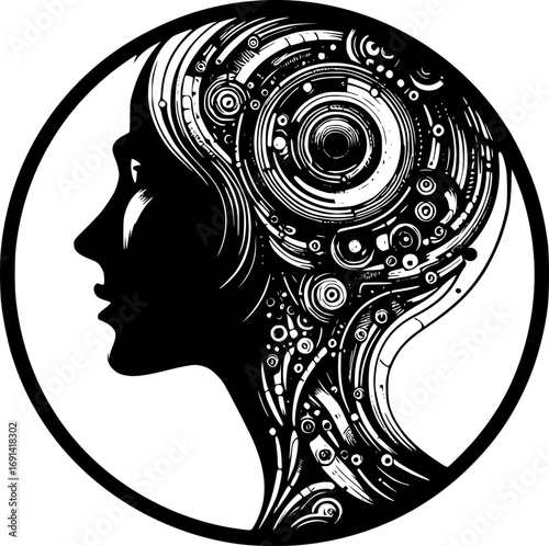 Minimalist black and white vector icon of a woman in cyborg style, clean lines, modern, scalable, perfect for stickers, logos, or digital use.