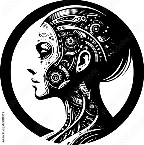 Minimalist black and white vector icon of a woman in cyborg style, clean lines, modern, scalable, perfect for stickers, logos, or digital use.
