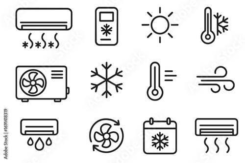 Air conditioner line icon set. HVAC, climate control outline symbols. Vector collection for cooling, heating, ventilation, and weather. Icons for temperature, fan, sun, snowflake.