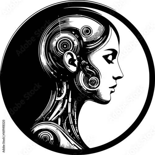 Minimalist black and white vector icon of a woman in cyborg style, clean lines, modern, scalable, perfect for stickers, logos, or digital use.
