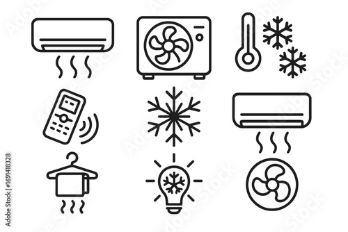 Air conditioner line icon set. HVAC, climate control outline signs. Cooling, ventilation, and heating symbols. Vector icons for web design, apps, and infographics.