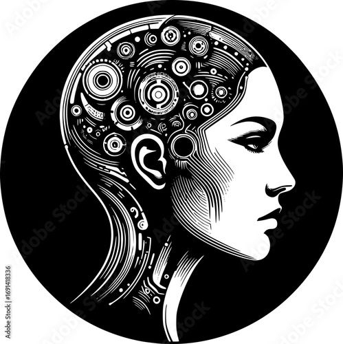 Minimalist black and white vector icon of a woman in cyborg style, clean lines, modern, scalable, perfect for stickers, logos, or digital use.