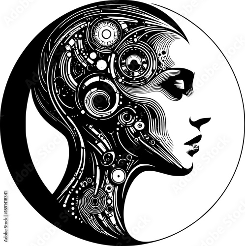 Minimalist black and white vector icon of a woman in cyborg style, clean lines, modern, scalable, perfect for stickers, logos, or digital use.