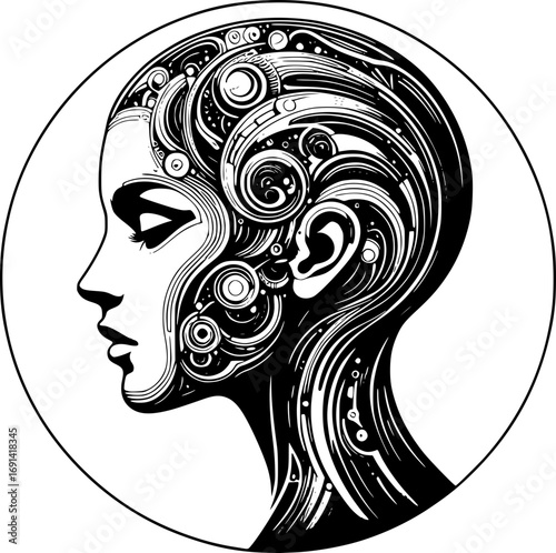 Minimalist black and white vector icon of a woman in cyborg style, clean lines, modern, scalable, perfect for stickers, logos, or digital use.