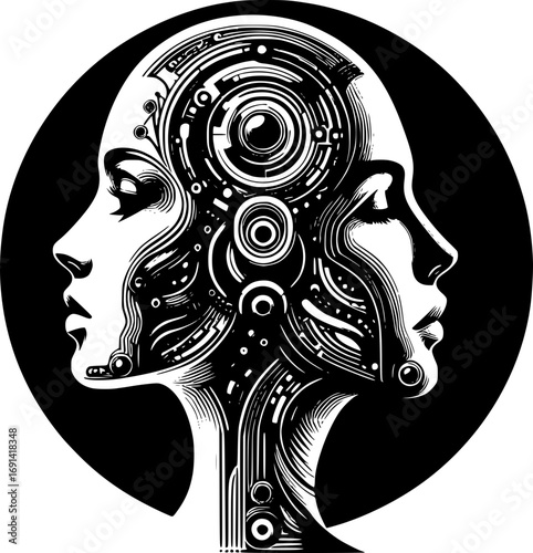Minimalist black and white vector icon of a woman in cyborg style, clean lines, modern, scalable, perfect for stickers, logos, or digital use.
