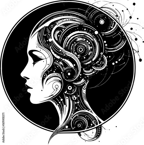 Minimalist black and white vector icon of a woman in cyborg style, clean lines, modern, scalable, perfect for stickers, logos, or digital use.