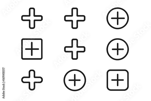 Plus sign icon set. Add, new item, create, more symbols. Collection of linear pictograms for web design, apps, UI, UX. Vector outline graphic elements for interface.