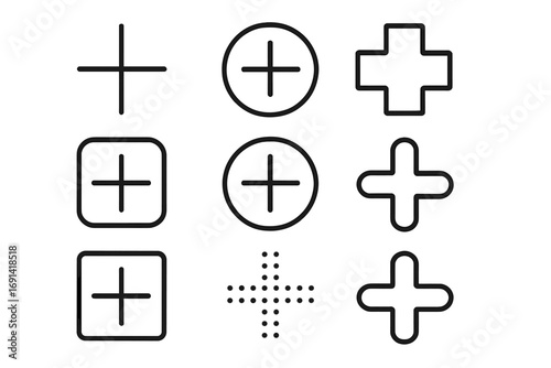 Plus sign icon set. Add symbol. More button. Vector line art collection for web design, apps, UI, UX interface. Simple minimalist outline cross signs. Positive concept.