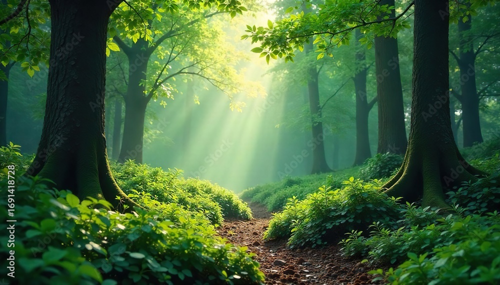 Fototapeta premium Serene nature soundscape, calming visuals of a tranquil forest scene perfect for meditation and stress relief Ideal for relaxation apps, websites, or wellness content , harmony, quiet, organic