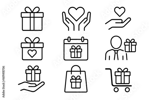 Gift and charity line icon set. Present, donation, love, and holiday symbols. Vector outline signs for business rewards, shopping, web design, apps, and greeting cards.