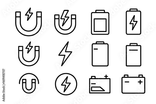 Set of electricity and power line icons. Vector collection of magnet, battery, lightning bolt, and charge symbols for web design, apps, and graphic user interfaces.