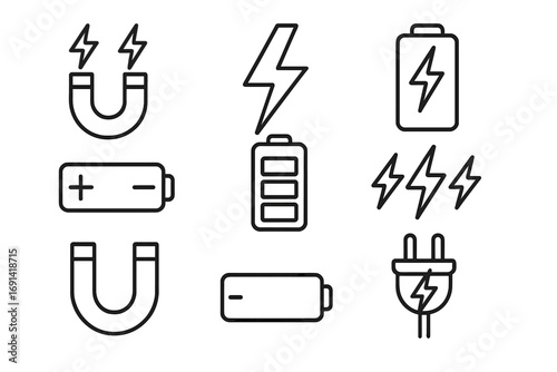 Energy and power line icon set. Collection of vector outline signs for web and graphic design. Magnet, battery charge, and lightning bolt symbols. Electricity concept.