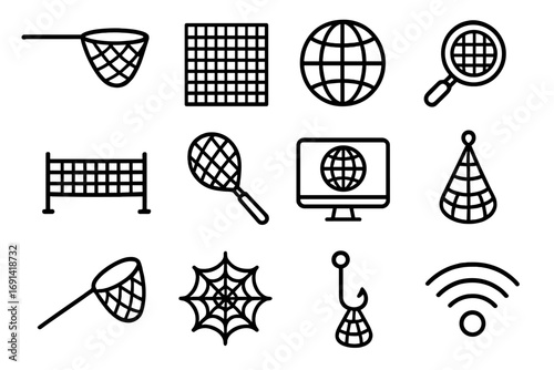 Net icon set collection of thin line vector icons. Internet, web, network, connection concepts. Fishing net, sports net, spider web, grid, and wifi symbol for design.