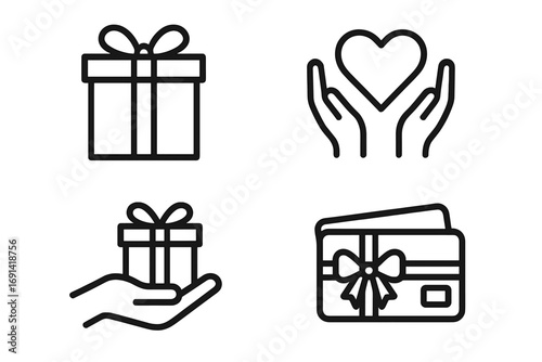Set of line icons for gifts, charity, and rewards. Vector symbols for present, donation, care, love, bonus, loyalty program, gift card, and shopping. Outline pictogram collection.