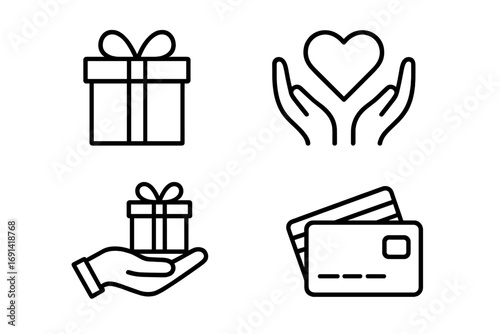 Present and gift line icon set. Charity, donation, and love symbol. Heart in hands. Giving a present. Bonus program icon. Credit card payment. Purchase and finance signs.