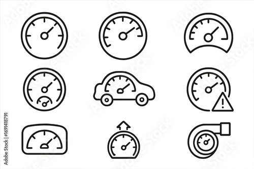 Speedometer line icon collection. Tachometer, gauge, and car dashboard signs. Speed measurement, performance indicator, and turbo vector outline icon set for web design.