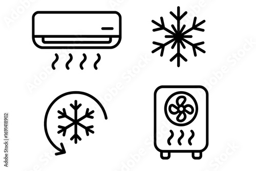 Air conditioning icon set. HVAC system outline symbols. Cooler, fan, snowflake, climate control icons. Vector illustration for app, web design, ac repair service.