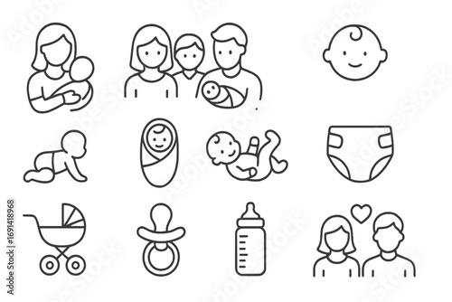 Newborn baby care line icon collection. Family, infant, and parenthood outline pictograms. Stroller, pacifier, bottle signs for web, app, graphic design. Vector symbol set.