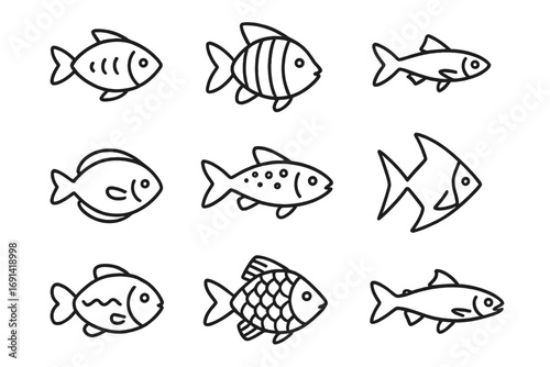Fish line icon collection. Set of simple aquatic animal outline pictograms. Thin linear sea life signs for web design, logo, app, ui, ux, infographics, and seafood menu.