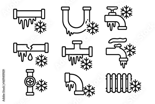 Frozen pipes line icon set. Winter plumbing problems, burst pipe, water leak, ice damage. Vector signs for plumber service, emergency, heating repair, home maintenance.