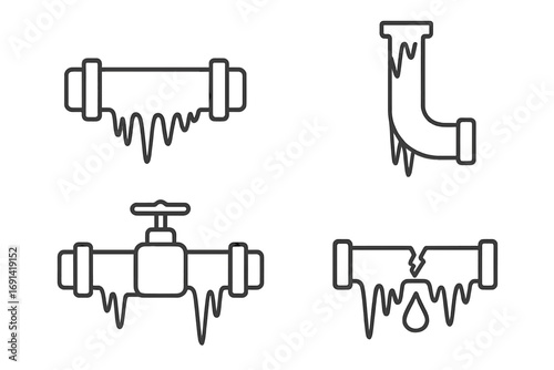 Frozen pipes line icon set. Burst pipe with water leak, plumbing problems concept. Winter cold weather damage, pipeline with icicles and valve. Outline vector illustration.