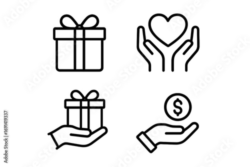 Gift, charity, donation outline icon set. Vector symbols for giving, love, support, finance, and presents. Modern line art for websites, apps, and social media design.