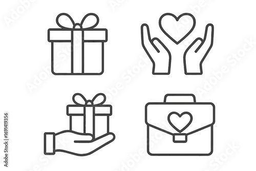 Gift and charity outline icon set. Vector symbols for giving, donation, love, and corporate social responsibility. Icons for philanthropy, support, and business presents.